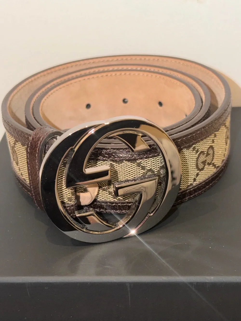 Gucci Brown GG Canvas Leather Belt with Silver Double GG Buckle & Dust bag